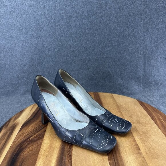 Chanel Womens Pumps Blue Leather Sz 36/6 Mark Punch CC Logo Heels Square Toe - Picture 2 of 16